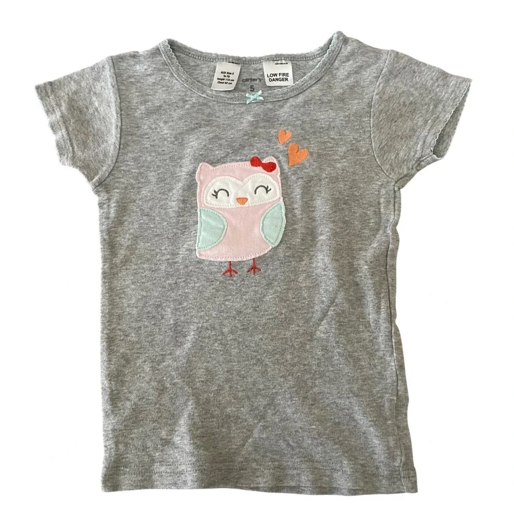 Carters Girls Gray Owl Heart Applique Short Sleeve T‎ Shirt Size 5